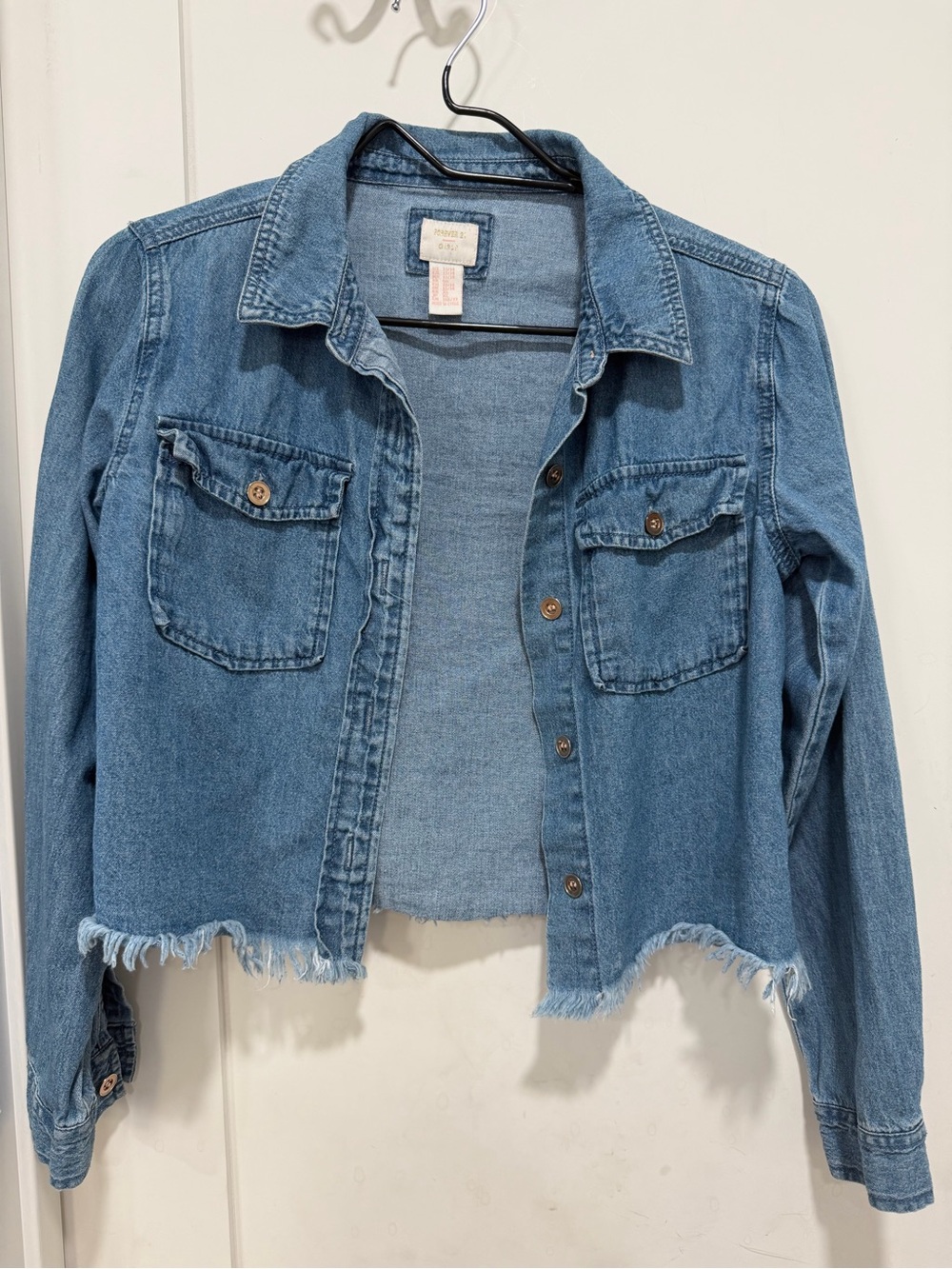 Forever 21 Medium Blue Cropped Denim Jacket with Frayed Hem
